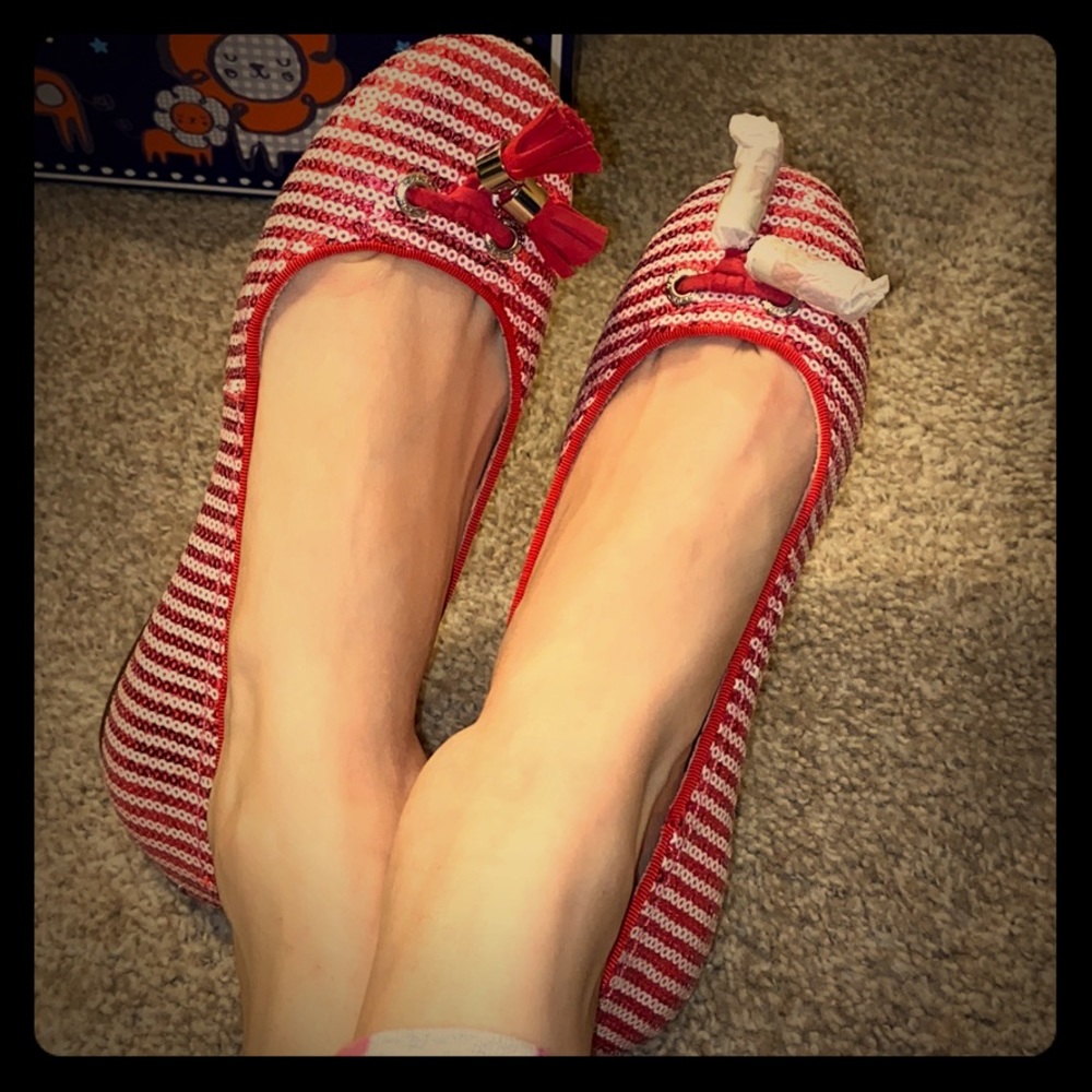 Sperry red and white sequin flats
